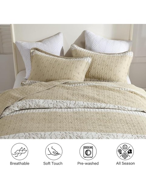100% Cotton 102"x120" Oversized Queen Bedspread, Queen Size Quilted Bedspread Coverlet Extra Large Quilt Set, Floral Farmhouse XL Bed Spread Lightweight Comforter, Beige/Taupe/Cream, 3 pcs