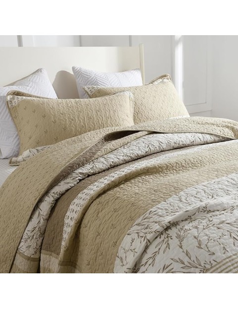 100% Cotton 102"x120" Oversized Queen Bedspread, Queen Size Quilted Bedspread Coverlet Extra Large Quilt Set, Floral Farmhouse XL Bed Spread Lightweight Comforter, Beige/Taupe/Cream, 3 pcs
