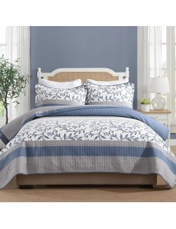 Striped Quilt King Size - Blue Gray Quilt Set with Matching Shams, Botanical Vine Farmhouse Bedding Bedspread, 3 Pieces 100% Cotton Lightweight Coverlet Home Decor for All Season