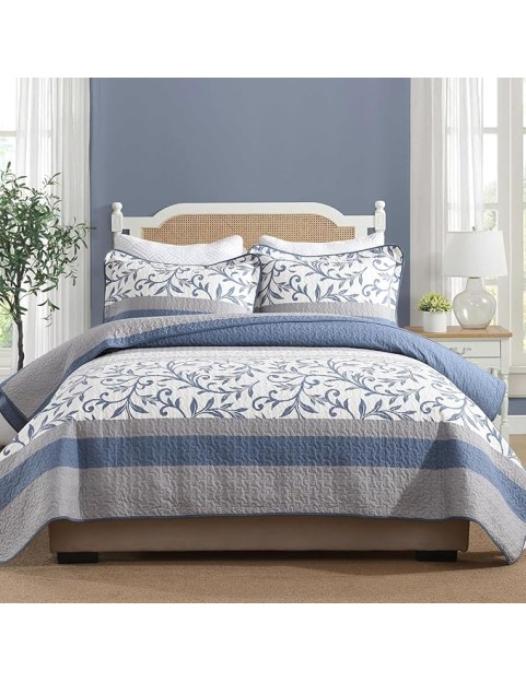 Striped Quilt King Size - Blue Gray Quilt Set with Matching Shams, Botanical Vine Farmhouse Bedding Bedspread, 3 Pieces 100% Cotton Lightweight Coverlet Home Decor for All Season