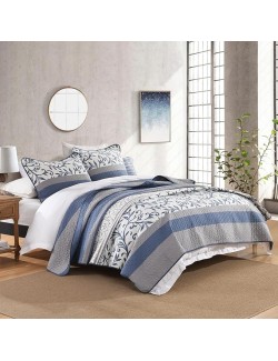 Striped Quilt King Size - Blue Gray Quilt Set with Matching Shams, Botanical Vine Farmhouse Bedding Bedspread, 3 Pieces 100% Cotton Lightweight Coverlet Home Decor for All Season