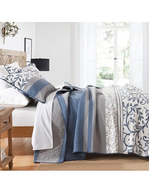 Striped Quilt King Size - Blue Gray Quilt Set with Matching Shams, Botanical Vine Farmhouse Bedding Bedspread, 3 Pieces 100% Cotton Lightweight Coverlet Home Decor for All Season