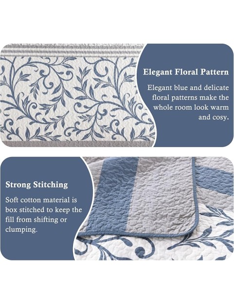 Striped Quilt King Size - Blue Gray Quilt Set with Matching Shams, Botanical Vine Farmhouse Bedding Bedspread, 3 Pieces 100% Cotton Lightweight Coverlet Home Decor for All Season