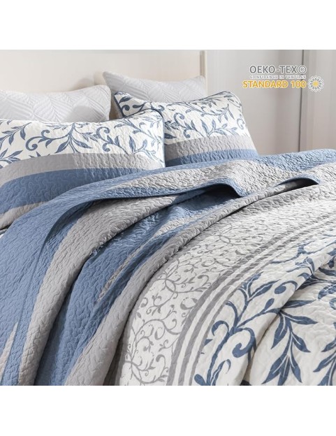 Striped Quilt King Size - Blue Gray Quilt Set with Matching Shams, Botanical Vine Farmhouse Bedding Bedspread, 3 Pieces 100% Cotton Lightweight Coverlet Home Decor for All Season