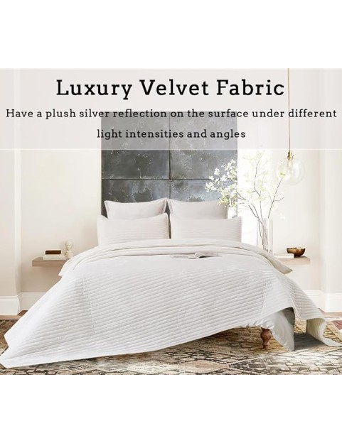 3 Pieces Luxurious Velvet Oversized King Quilt Bedding Set 106x118 Striped Bedspread Coverlet Quilted Set with 2 Pillow Shams 20x36 Ultra Soft Comforter for All Season, Cream