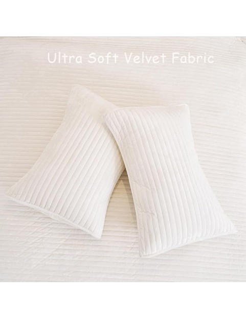 3 Pieces Luxurious Velvet Oversized King Quilt Bedding Set 106x118 Striped Bedspread Coverlet Quilted Set with 2 Pillow Shams 20x36 Ultra Soft Comforter for All Season, Cream