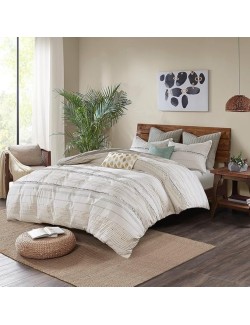 Cotton Printed Comforter Set with Chic Tassel Trims, Off White/Gray, Full/Queen Size