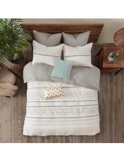 Cotton Printed Comforter Set with Chic Tassel Trims, Off White/Gray, Full/Queen Size