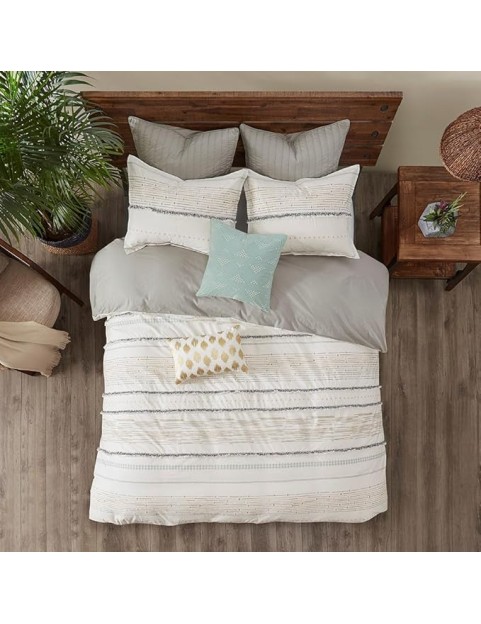 Cotton Printed Comforter Set with Chic Tassel Trims, Off White/Gray, Full/Queen Size