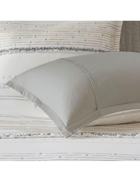 Cotton Printed Comforter Set with Chic Tassel Trims, Off White/Gray, Full/Queen Size