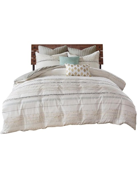 Cotton Printed Comforter Set with Chic Tassel Trims, Off White/Gray, Full/Queen Size