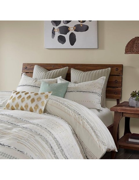 Cotton Printed Comforter Set with Chic Tassel Trims, Off White/Gray, Full/Queen Size