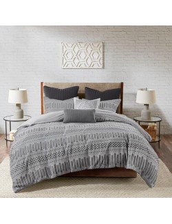 Stylish and Cozy Cotton Comforter Mini Set for Bedroom, Grey and Black Stripes, Full/Queen Size