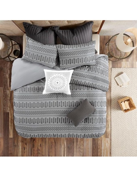 Stylish and Cozy Cotton Comforter Mini Set for Bedroom, Grey and Black Stripes, Full/Queen Size