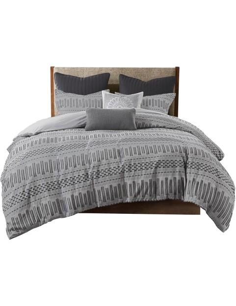 Stylish and Cozy Cotton Comforter Mini Set for Bedroom, Grey and Black Stripes, Full/Queen Size