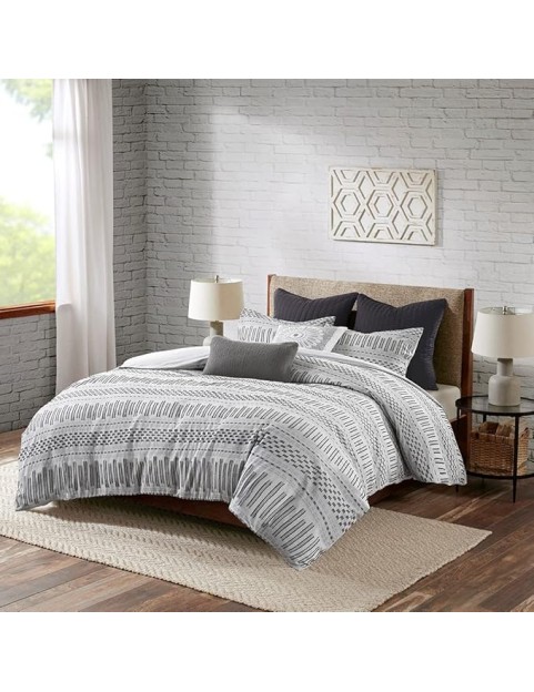 Stylish and Cozy Cotton Comforter Mini Set for Bedroom, Grey and Black Stripes, Full/Queen Size