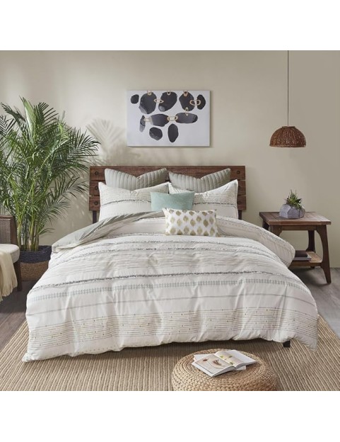 Cotton Printed Duvet Cover Set with Tassel Trims, Machine Washable, Includes Duvet Cover and 2 Shams, Full/Queen Size
