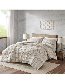 Charming Cotton Comforter Mini Set for Cozy Farmhouse Elegance, Includes Matching Shams, Full/Queen Size, Ivory/Charcoal
