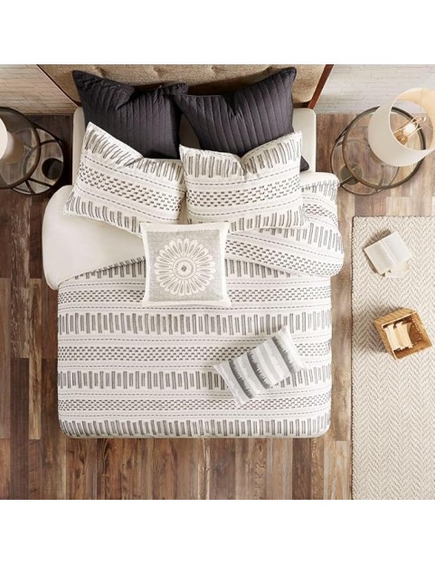Charming Cotton Comforter Mini Set for Cozy Farmhouse Elegance, Includes Matching Shams, Full/Queen Size, Ivory/Charcoal