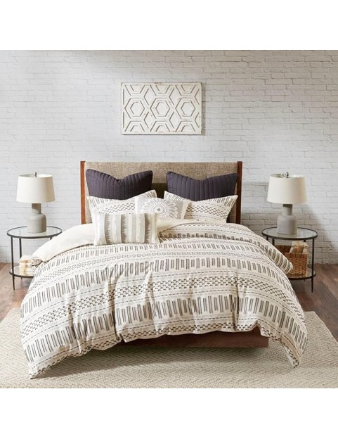 Charming Cotton Comforter Mini Set for Cozy Farmhouse Elegance, Includes Matching Shams, Full/Queen Size, Ivory/Charcoal