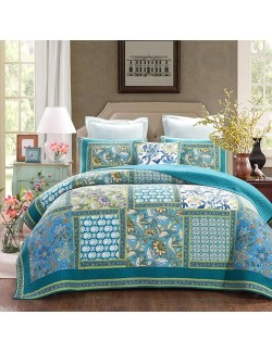 Boho 3-Piece Floral Patchwork,Cotton Print Patchwork Pattern Bedding,Sanding Reversible Breathable Coverlet for All Seasons