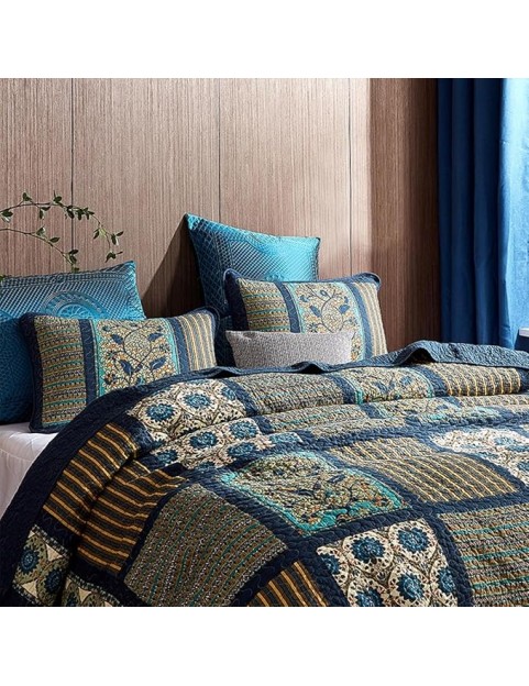 Boho 3-Piece Floral Patchwork,Cotton Print Patchwork Pattern Bedding,Sanding Reversible Breathable Coverlet for All Seasons