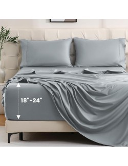 100% French Pure Linen Sheets Queen Size Breathable and Cooling Flax Sheet Set Soft Durable and Moisture Wicking 16 Inch Deep Pocket-4 Piece(Queen,Grey)