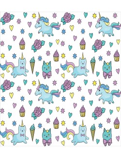 Unicorn Cat Duvet Cover Set, Girls Pattern with Hearts Stars Flowers Ice Cream Funny, Decorative 3 Piece Bedding Set with 2 Pillow Shams, King Size, Soft Blue