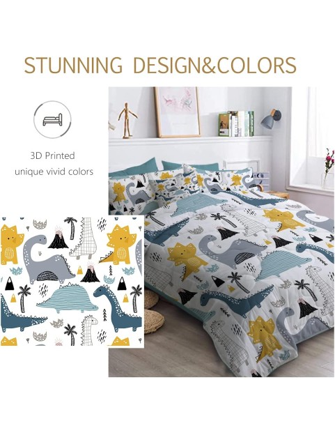 Dinosaur Comforter Bed in A Bag 8 Pieces Kids Boys Dino King Size Comforter Sets - 1 Comforter, 2 Pillow Shams, 1 Flat Sheet, 1 Fitted Sheet, 1 Cushion Cover, 2 Pillowcases